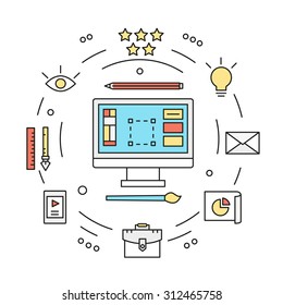 Line flat design of graphic designer equipments, design editor for creating digital art and graphic content. Vector concept, isolated on white background