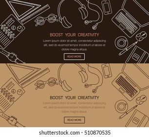 Line flat design mock up of modern workspace. Workplace banner. EPS 10