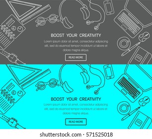 Line flat design mock up of modern workspace. Workplace banner. EPS 10