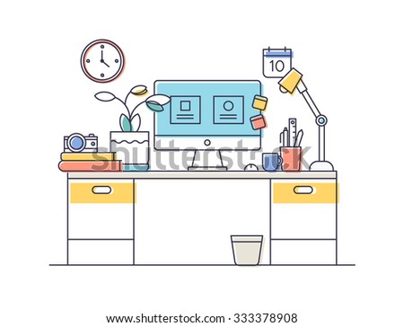 Line flat design of modern office or home workspace 