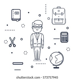 Line flat design school kids, of backpack, book with a bookmark, globe, scale, calculator, scissors. Modern vector illustration concept. Set