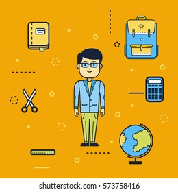 Line flat design school kids, of backpack, book with a bookmark, globe, scale, calculator, scissors. Modern vector illustration concept. Set