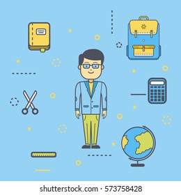 Line flat design school kids, of backpack, book with a bookmark, globe, scale, calculator, scissors. Modern vector illustration concept. Set