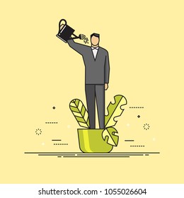 Line Flat Design Vector Illustration Of Man In Flowerpot Watering Himself, Concept For Self-improvement, Personal Development, Professional Growth Isolated On Bright Background