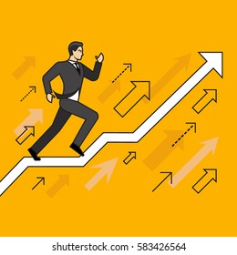 Line flat design vector illustration of businessman running up along arrow, concept for business success, career, reaching goals isolated on bright background