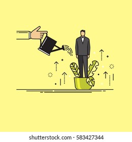 Line flat design vector illustration of hand watering man in flowerpot, concept for coaching, personal development, professional growth, human resources management isolated on bright background