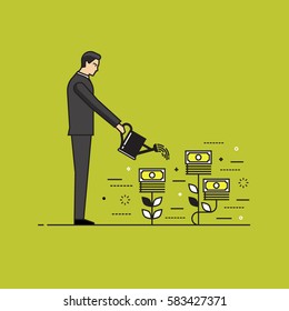 Line Flat Design Vector Illustration Of Businessman Watering Money Plants, Concept For Making Money, Investment, Getting Profit, Financial Management, Business Growth Isolated On Bright Background