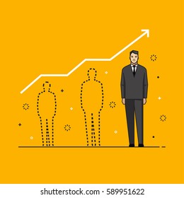 Line flat design vector illustration concept for personal development, professional growth, human resources management, career achievements isolated on bright background
