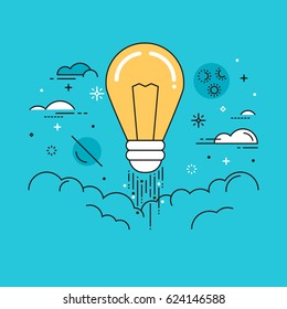 Line flat design vector illustration of light bulb in space, concept for creativity, imagination, innovation isolated on bright background