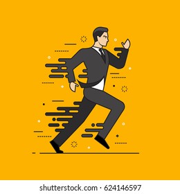 Line flat design vector illustration of running businessman, concept for business success, career, reaching goals isolated on bright background,