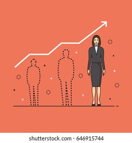 Line flat design vector illustration concept for personal development of woman, professional growth of female employee, human resources management, career achievements isolated on bright background