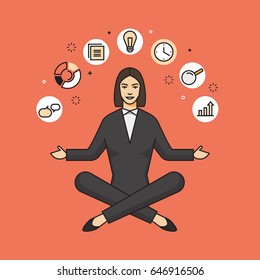 Line flat design vector illustration of young smiling businesswoman sitting in lotus pose surrounded by icons, concept for business success, career, time management isolated on bright background