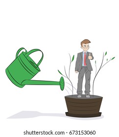 Line flat design vector illustration of hand watering man in flowerpot, concept for coaching, personal development, professional growth, human resources management isolated on white background