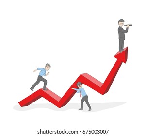Line flat design vector illustration of businessman running up along arrow, concept for business success, career, reaching goals.