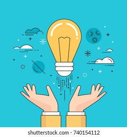 Line flat design vector illustration of hands launching light bulb into space, concept for startup, creativity, imagination, innovation isolated on bright background