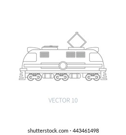 Line flat icon with retro electric locomotive. Vector illustration. Element for design. Railroad transportation. Graphic texture for design , wallpaper. Railroad. Train. Railway. Electric locomotive.