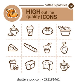 Line flat icons of coffee and pastrie, vector set.