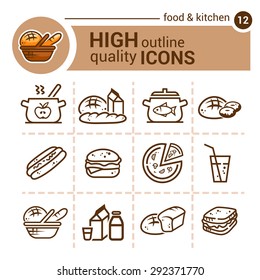 Line flat icons of food and kitchen, vector set.