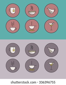 Line flat icons of kitchen dishes, food. Modern infographic vector logo pictogram collection concept