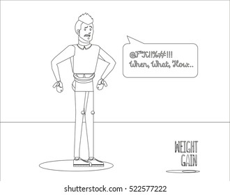 Line Flat illustration cartoon student character, irritated people: student, guy in sweater surprised and angry, gained weight, fatter, can not get in blue jeans