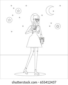 Line Flat illustration cartoon student character, irritated girl in glasses and mint dress with books, coffee cup in hand. Night owl, do not sleep at night.