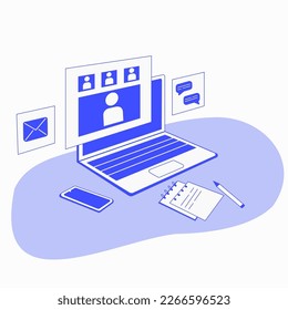 Line flat illustration with a working laptop. Multitasking, productivity, and online management vector illustration. Online meetings and freelance working illustration concepts. 