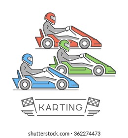 Line and flat karting logo and symbol. Silhouette figures kart racer. Linear sport symbol, label and badge.