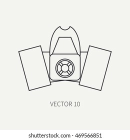 Line flat monochrome icon of drawing instruments for aerography respirator, goggles, gloves. Cartoon style. Airbrush. Vector illustration and element for design. Industrial clipart. Art. Logo