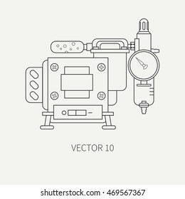 Line flat monochrome icon of drawing instruments for aerography respirator, goggles, gloves. Cartoon style. Airbrush. Vector illustration and element for design. Industrial clipart. Art. Logo