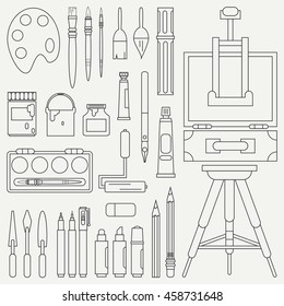 Line flat monochrome vector icon drawing instruments set with easel, canvas, paint. Cartoon style. Drawing. Painting. Art. Vector illustration and element for your design , wallpaper. Collection.