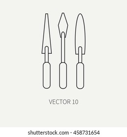 Line flat monochrome vector icon drawing instruments with spatula, paint. Cartoon style. Drawing. Painting. Art. Vector illustration and element for your design , wallpaper. Pallet.