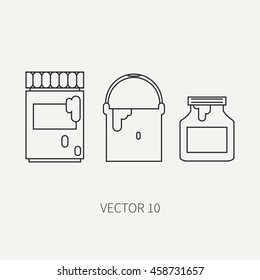 Line flat monochrome vector icon drawing instruments with receptacles oil paint, watercolor, ink. Cartoon style. Drawing. Painting. Art. Vector illustration and element for your design , wallpaper.