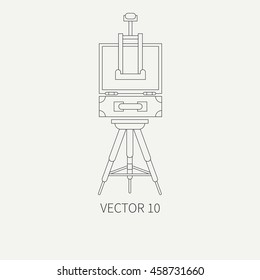 Line flat monochrome vector icon drawing instruments set with easel, canvas, paint. Cartoon style. Drawing. Painting. Art. Vector illustration and element for your design , wallpaper. Collection.