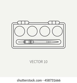 Line flat monochrome vector icon drawing instruments with paintbrush and watercolor kit. Cartoon style. Drawing. Painting. Art. Vector illustration and element for your design , wallpaper.