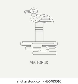 Line flat monochrome vector icon in marine style with albatross. Cartoon style. Simple nautical icon. Element of vacation at island. Vector illustration and element for your design, wallpaper. Gull.