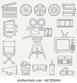 Line flat monochrome vector icon elements of filmmaking and multimedia set with 35mm film camera, tv. Cartoon style. Cinema. Vector illustration and element for your design. Collection. Movie icons.