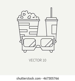 Line flat monochrome vector icon elements of movie theater pop culture - popcorn, cola. Cartoon style. Cinema. Vector illustration and element for your design. Collection. 3D glasses. Movie icons.