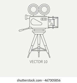 Line flat monochrome vector icon elements of filmmaking and multimedia - 35mm film camera. Cartoon style. Cinema. Vector illustration and element for your design. Collection. Screenplay. Movie icons.