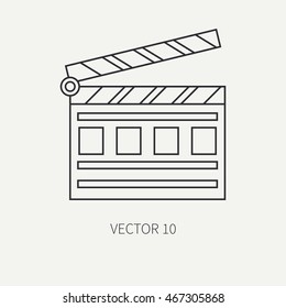 Line flat monochrome vector icon elements of filmmaking and multimedia clapperboard. Cartoon style. Cinema. Vector illustration and element for your design. Collection. Video equipment. Movie icons.