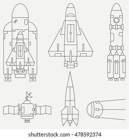 Line flat monochrome vector icon set elements of aerospace program - rockets, satellites, space shuttle. Cartoon style. Astronautics. Illustration and element for design. Collection. Space. Logo.