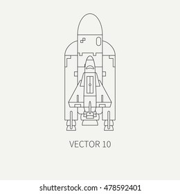 Line flat monochrome vector icon elements of aerospace program - rocket and space shuttle. Cartoon style. Astronautics. Illustration and element for design. Collection. Space. Galaxy. Clipart. Logo.
