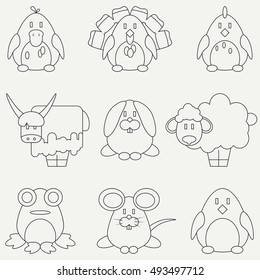 Line flat monochrome vector icon set with cute animals for baby products. Cartoon style. Children doodle. Babyhood. Newborn. Vector illustration and element for your design, wallpaper. Zoo. Kid. Farm.