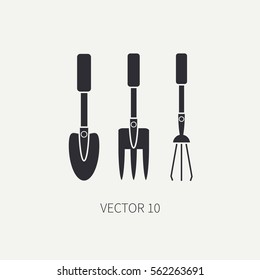 Line flat monochrome vector icon garden tool shovel, pitchfork. Cartoon style. Illustration, element for your design. Clipart. Cultivate. Grow. Plant. Harvest. Manual labor. Field. Agriculture. Farm.