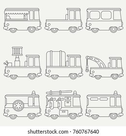Line flat monochrome vector icon set cute retro city auto . Emergency assistance vehicle. Cartoon style. Urban truck. Police van. Firefighter. Vector illustration, element for your design, wallpaper.
