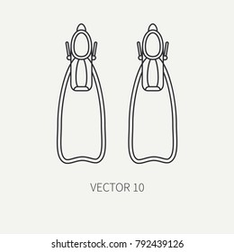 Line flat plain vector diver underwater equipment icon rubber flippers. Retro style. Ocean, sea beach. Snorkeling. Summer adventure vacation. Scuba aqualung. Illustration element for design, wallpaper
