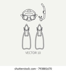 Line flat plain vector diver underwater equipment icon diver mask, snorkel, flippers. Retro style. Ocean deep, sea beach. Summer adventure. Scuba aqualung. Illustration element for design, wallpaper.