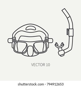 Line flat plain vector diver underwater equipment icon diver mask and snorkel. Retro style. Ocean deep, sea beach. Summer adventure vacation. Scuba aqualung. Illustration element for design, wallpaper