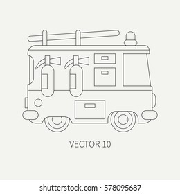 Line Flat Plain Vector Icon Fire Truck. Emergency Assistance Vehicle. Cartoon Style. Fireman. Maintenance. Rescue. Fire Department. Extinguisher. Siren. Road. Illustration And Element For Design