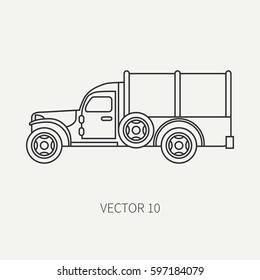 Line flat plain vector icon tarpaulin wagon army truck. Military vehicle. Cartoon vintage style. Cargo and soldiers transportation. Tractor unit. Tow auto. Simple. Illustration and element for design.
