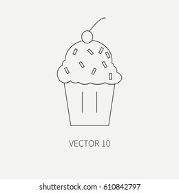 Line flat plain vector icon chocolate glaze cake with cream. European traditional lunch. Cartoon vintage style dish. Fruit. Bistro. Fast food. Cafe. Snack. Calorie. Illustration and element for design
